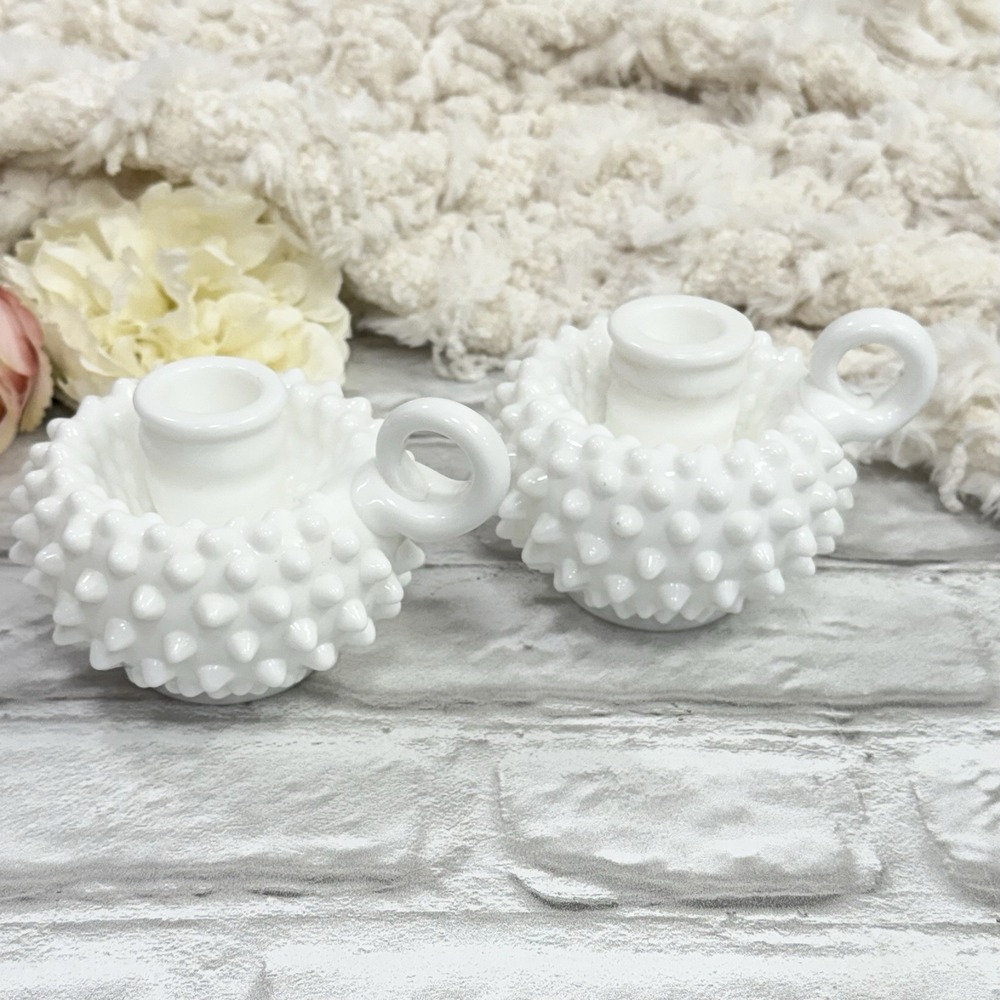 Vtg Fenton Hobnail White Milk Glass Single Finger Loop Handle Candle Holder Set